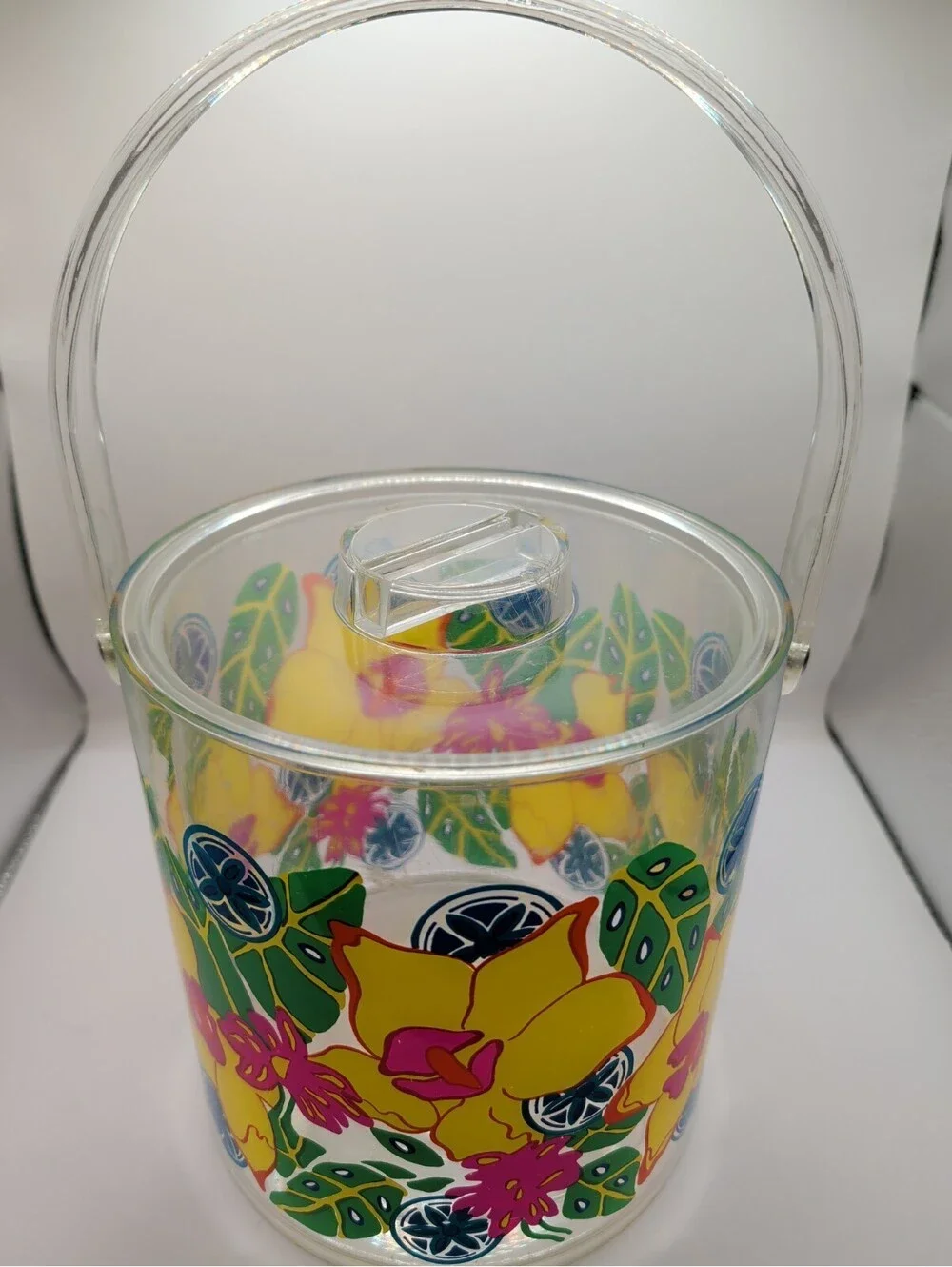 Vintage Acrylic Ice Bucket Tropical Floral Hawaiian Tiki Barware Retro 1980s